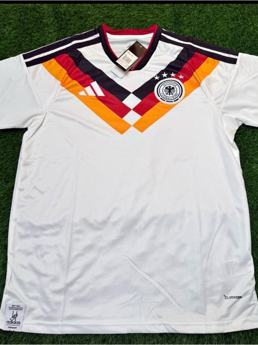 adidas White Germany Soccer Jersey with Red, Black & Gold Chevron